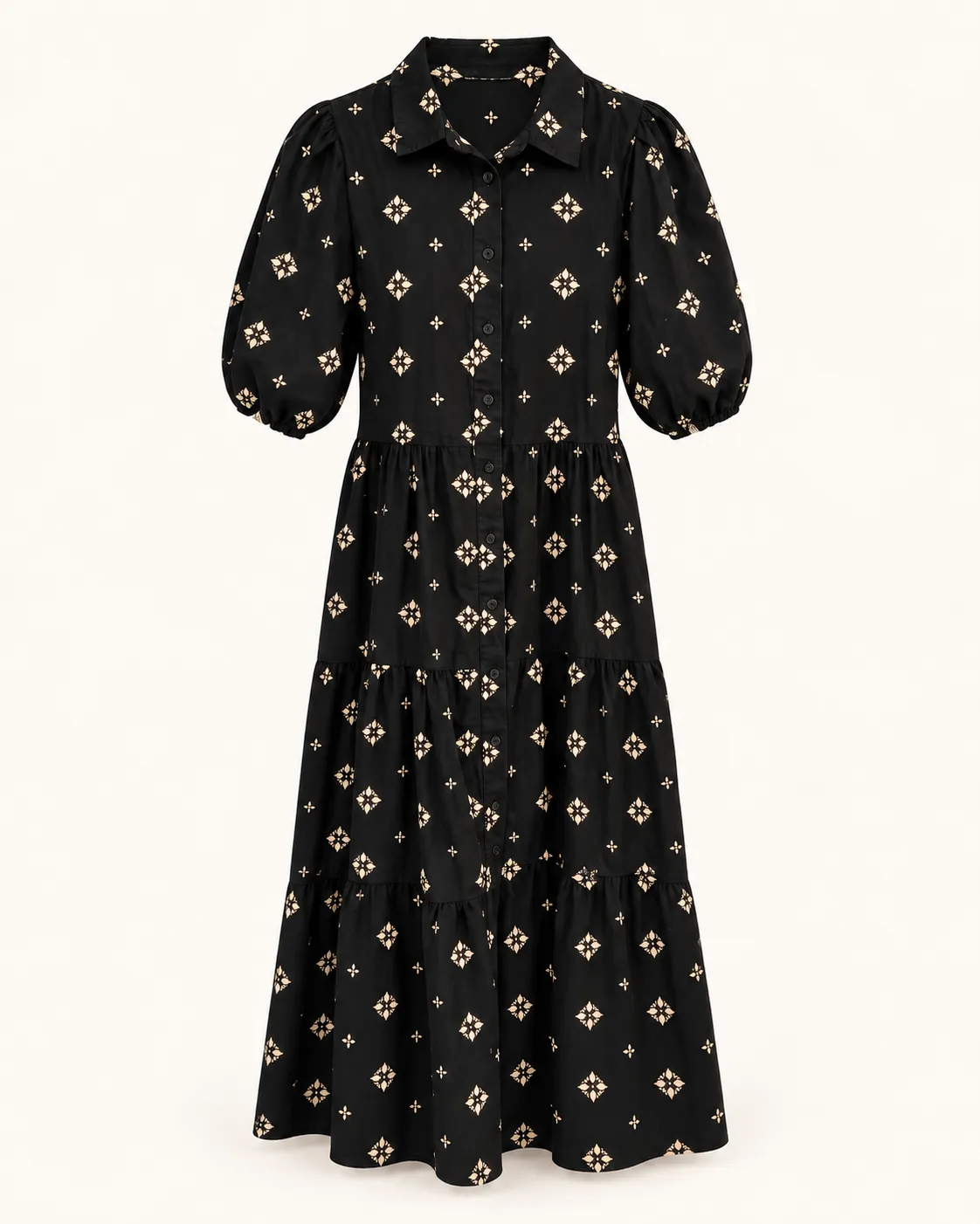 Robe longue noire à motifs beige