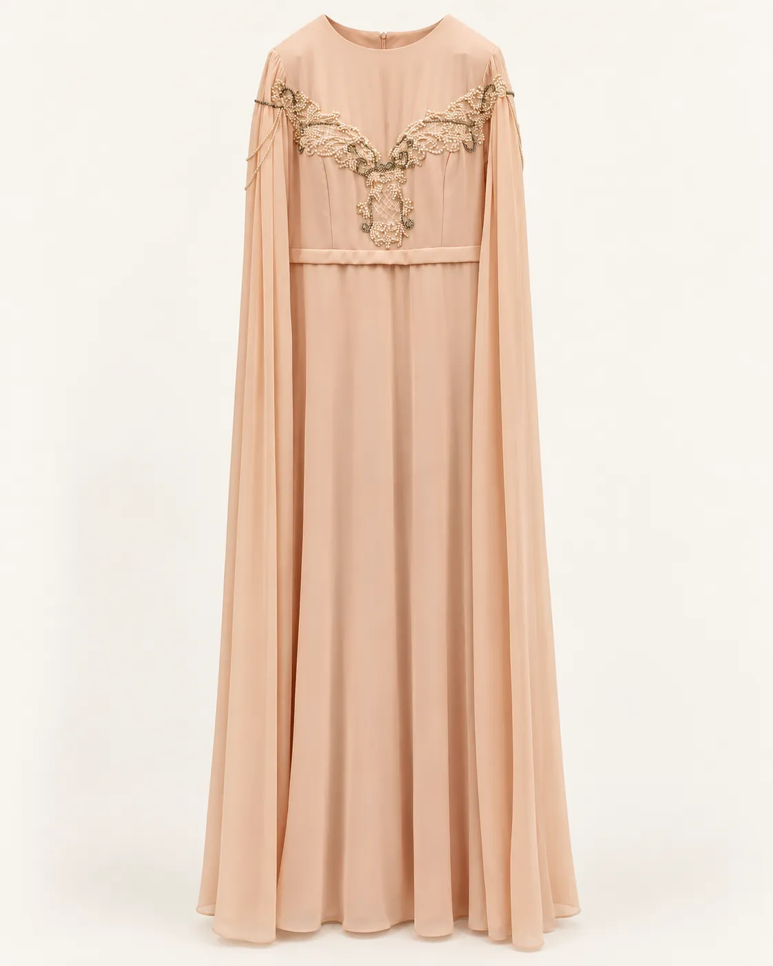 Robe longue pêche perlée à manches cape