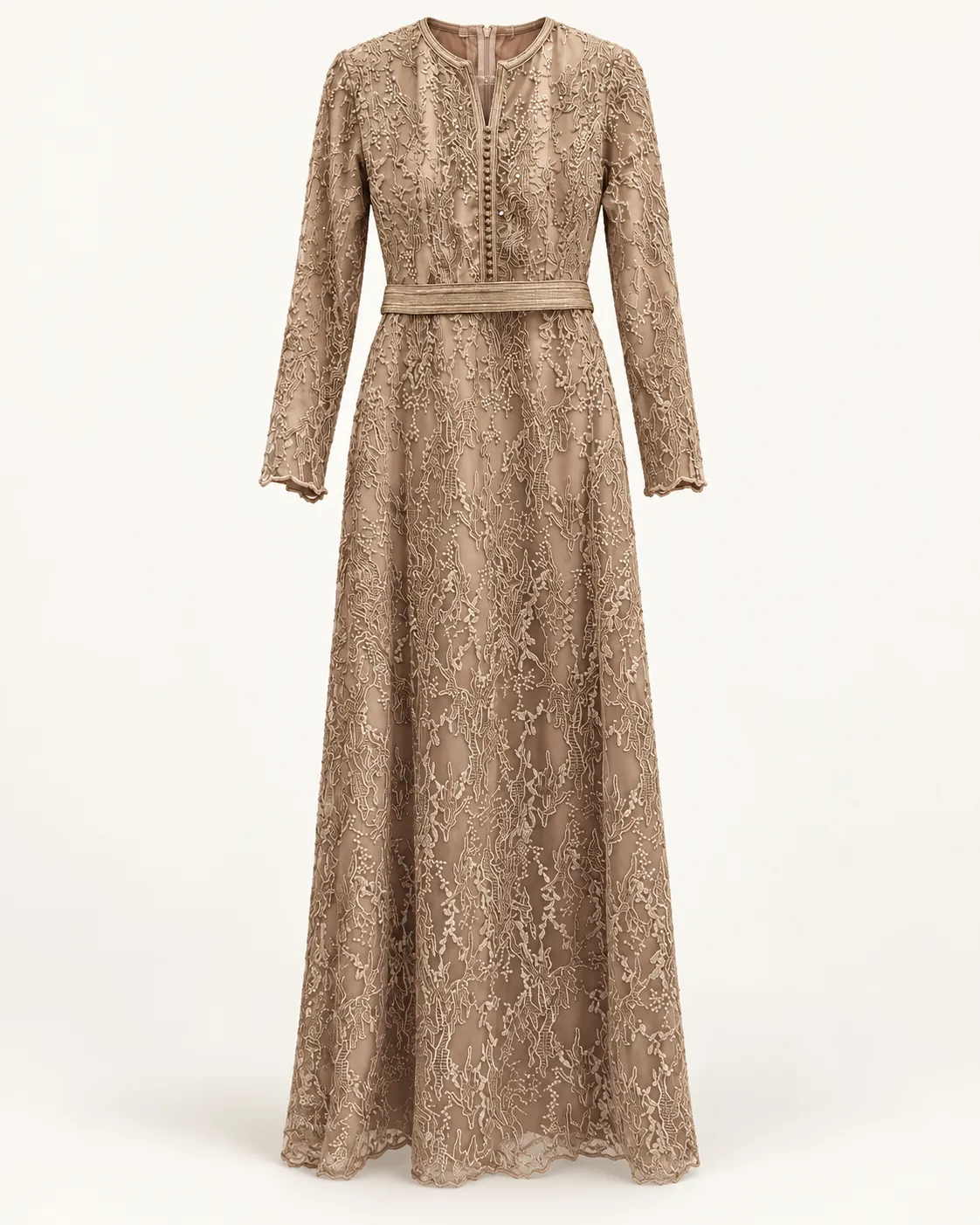 Robe longue en dentelle brodée – Beige Taupe