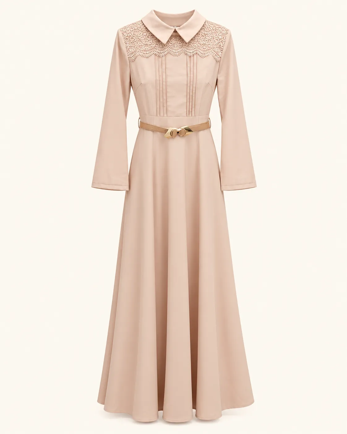 Robe longue rose poudré avec dentelle et ceinture