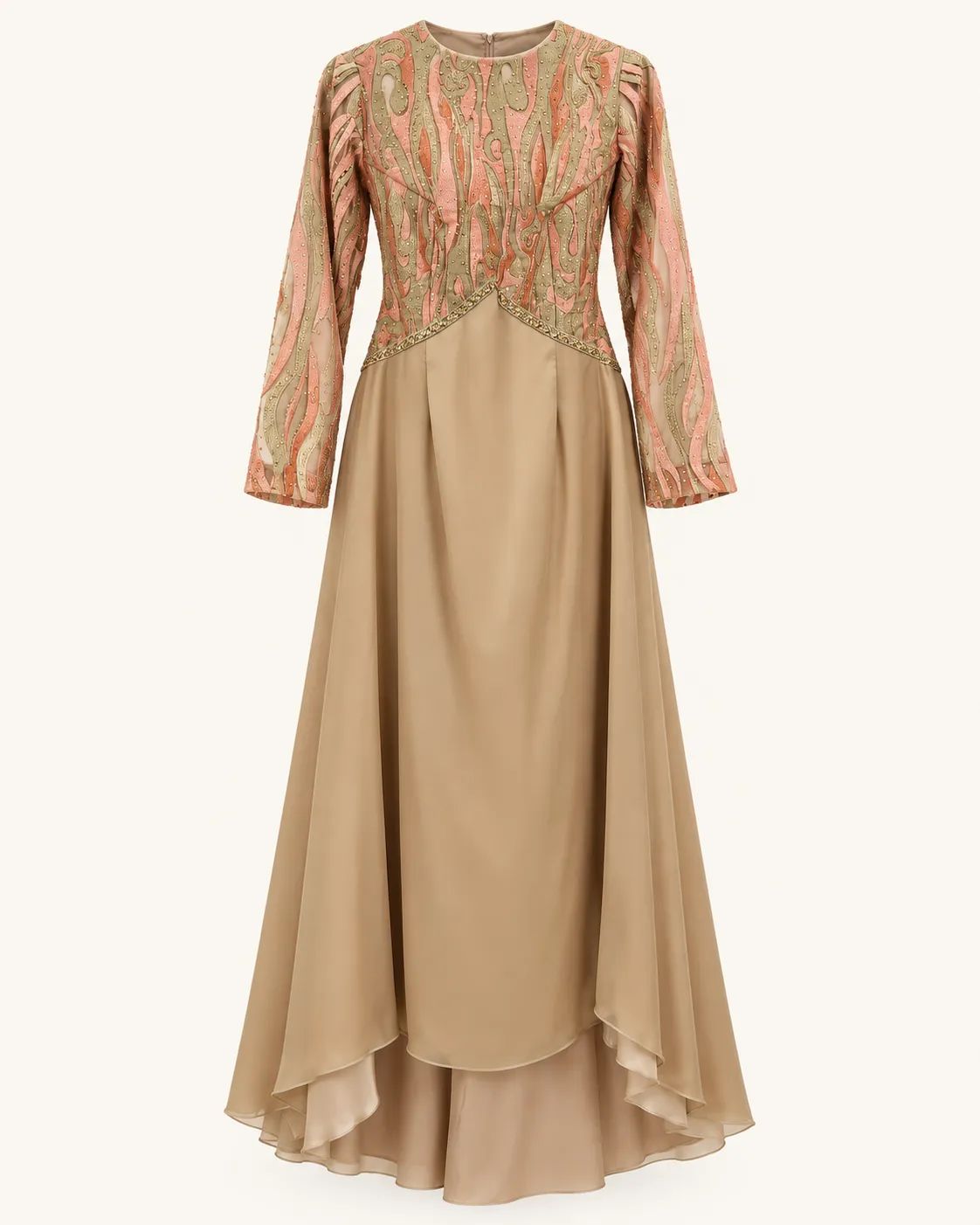 Robe longue élégante brodée beige & rose poudré