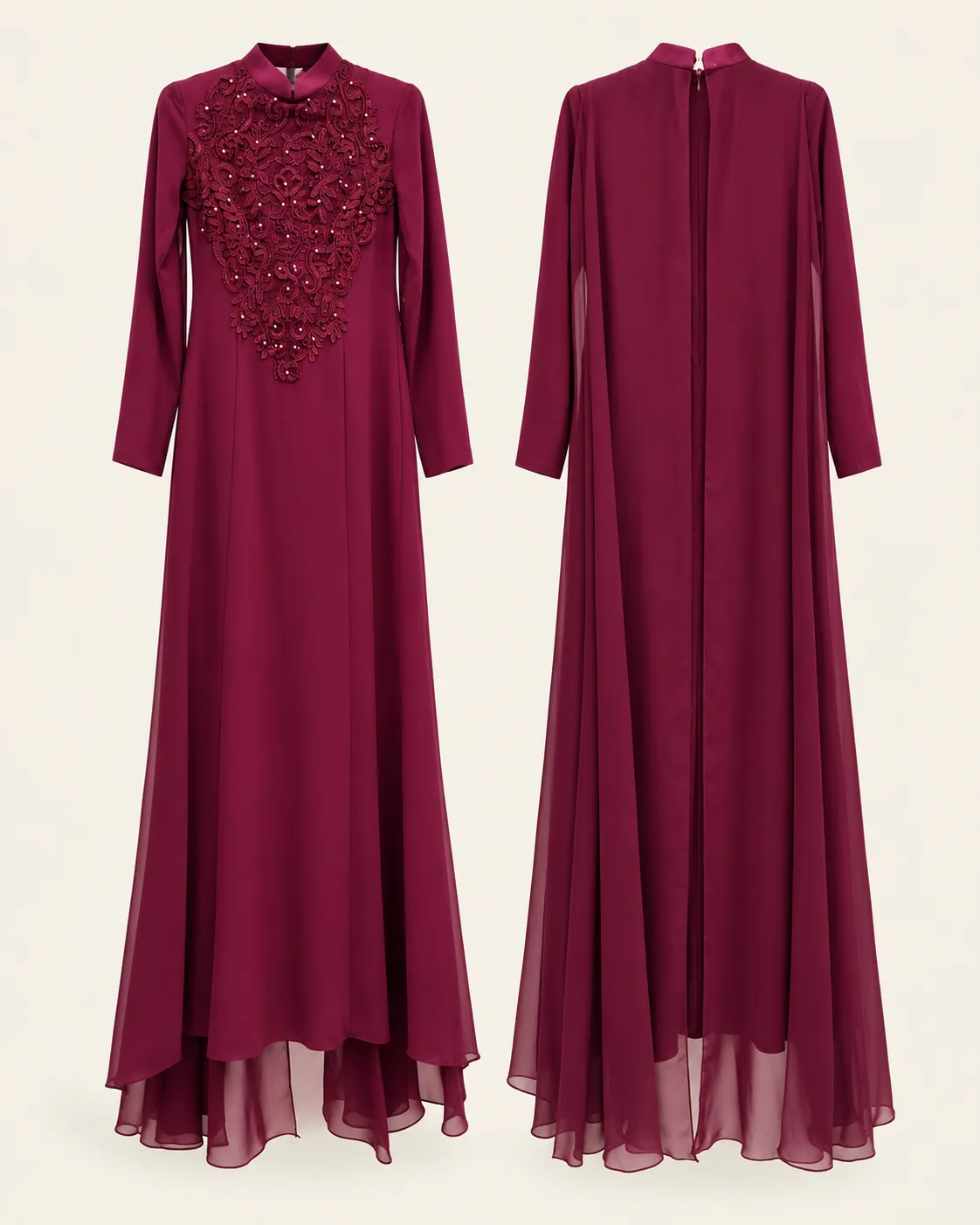 Robe longue bordeaux brodée