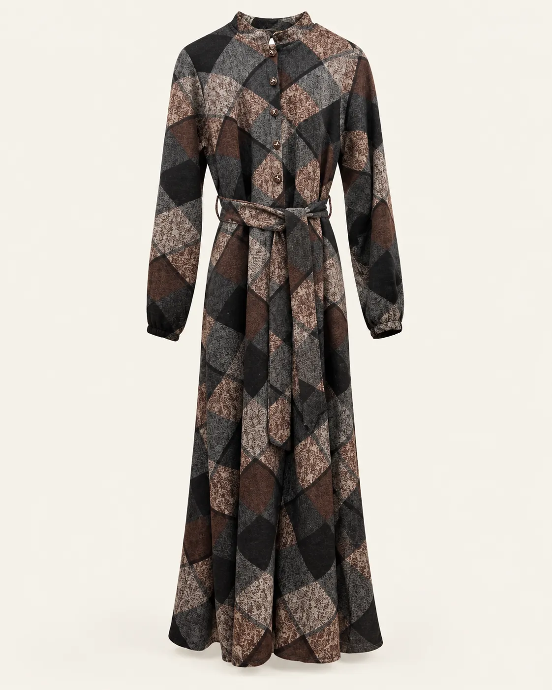 Robe longue ceinturée à imprimé géométrique