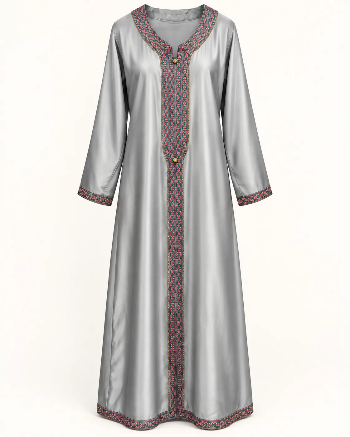 Caftan satiné gris argenté brodé