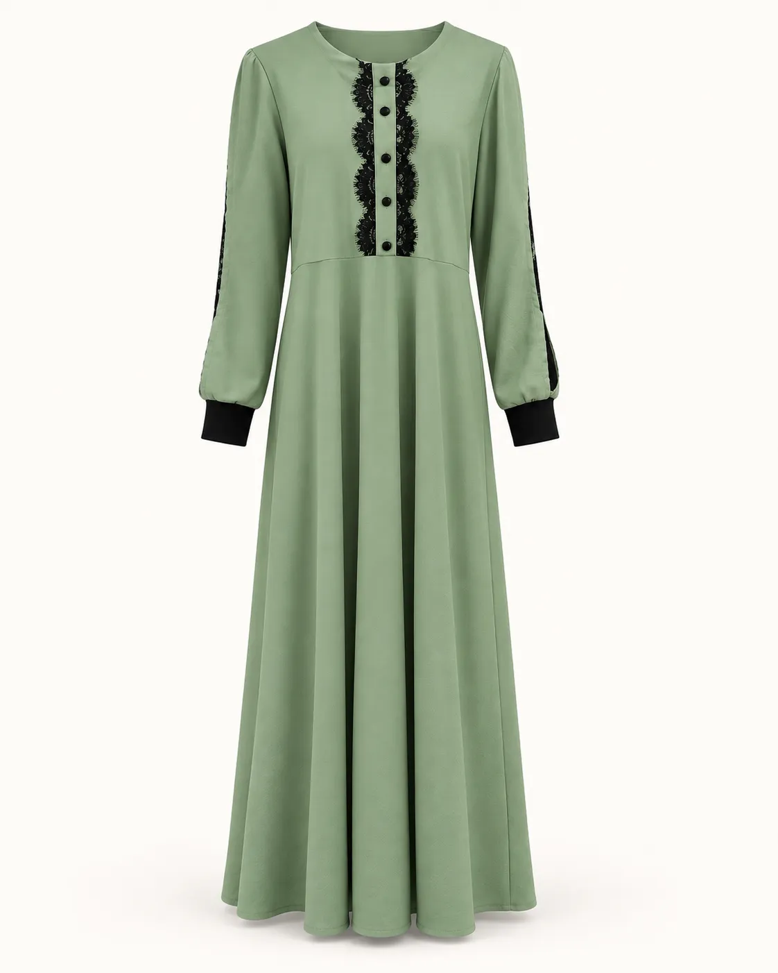 Robe longue vert sauge à détails noirs