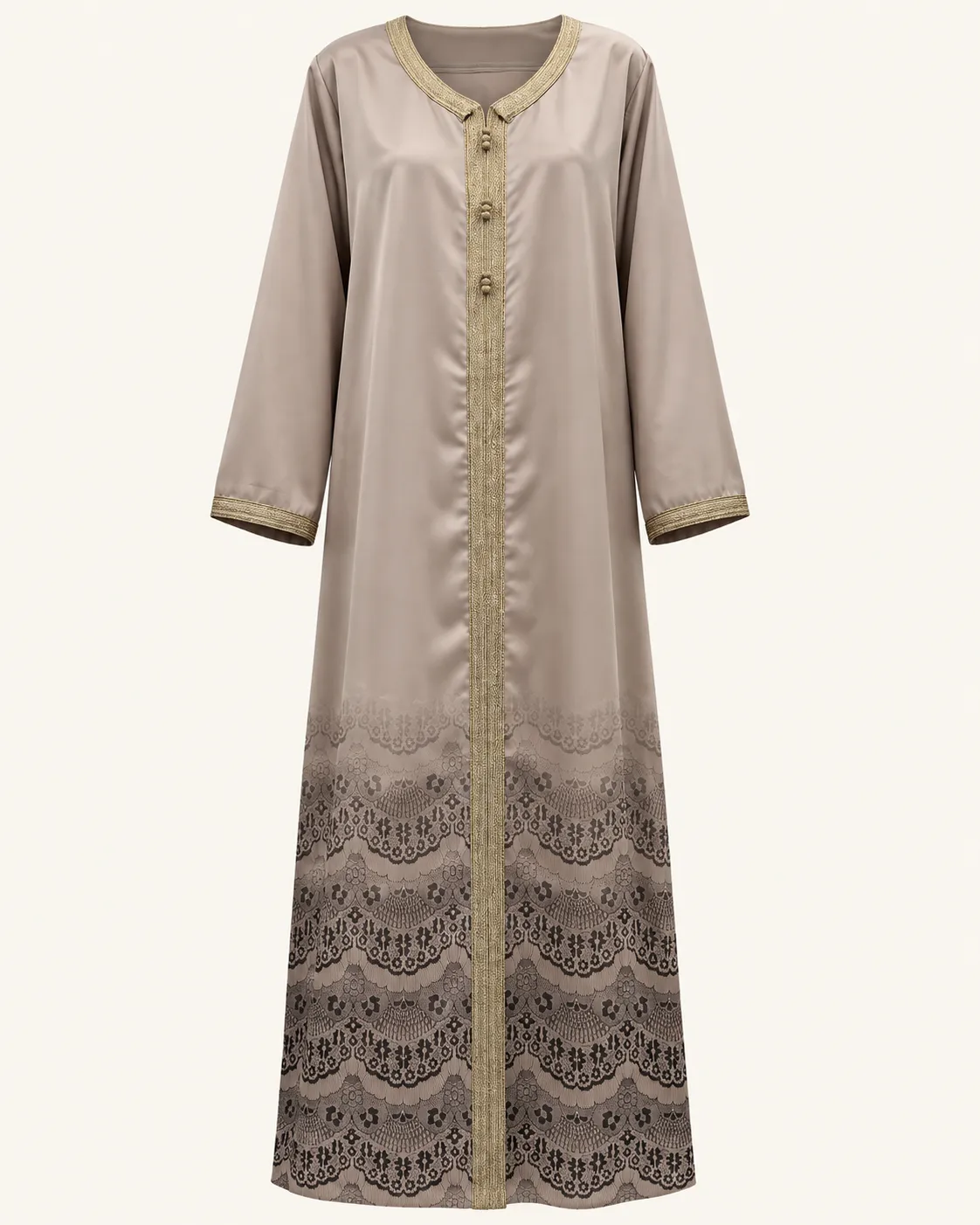 Robe longue satinée beige à détails dorés