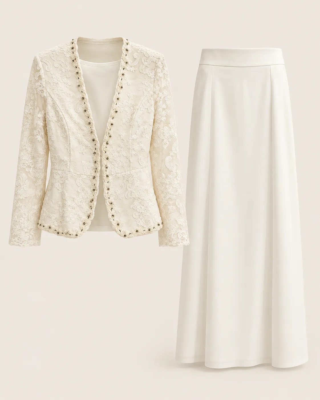Ensemble Élégance Ivoire – Veste en Dentelle & Jupe Longue