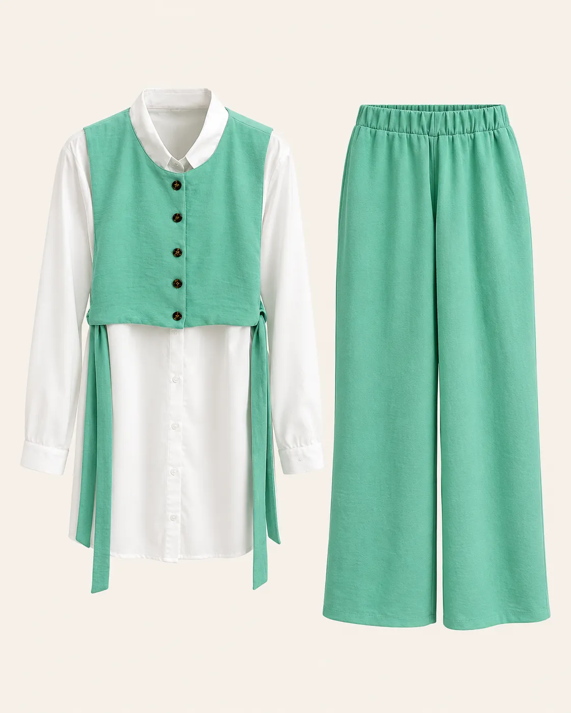 Ensemble 3 pièces vert menthe et blanc – Chemise, gilet & pantalon