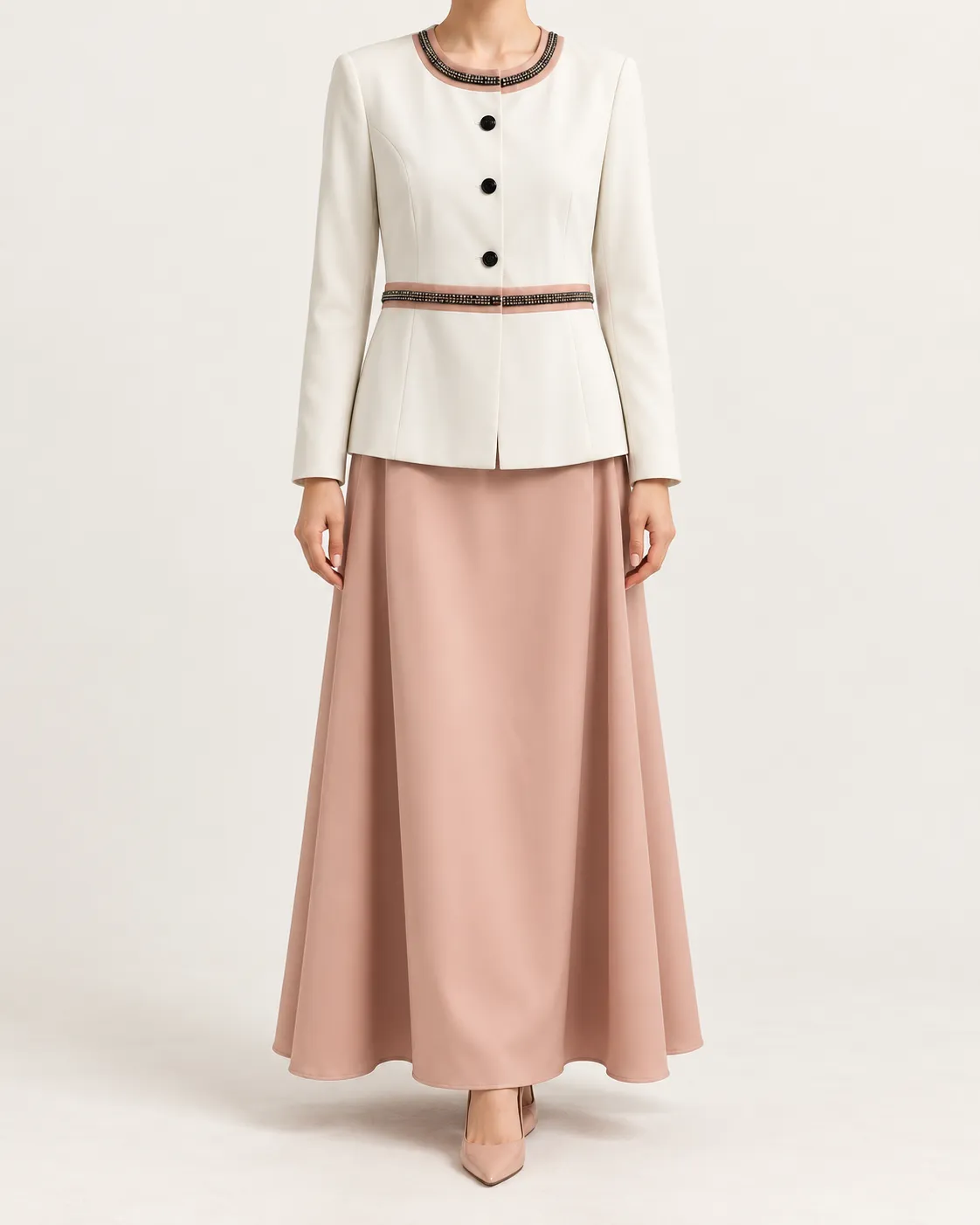 Ensemble élégant veste ivoire & jupe rose poudré