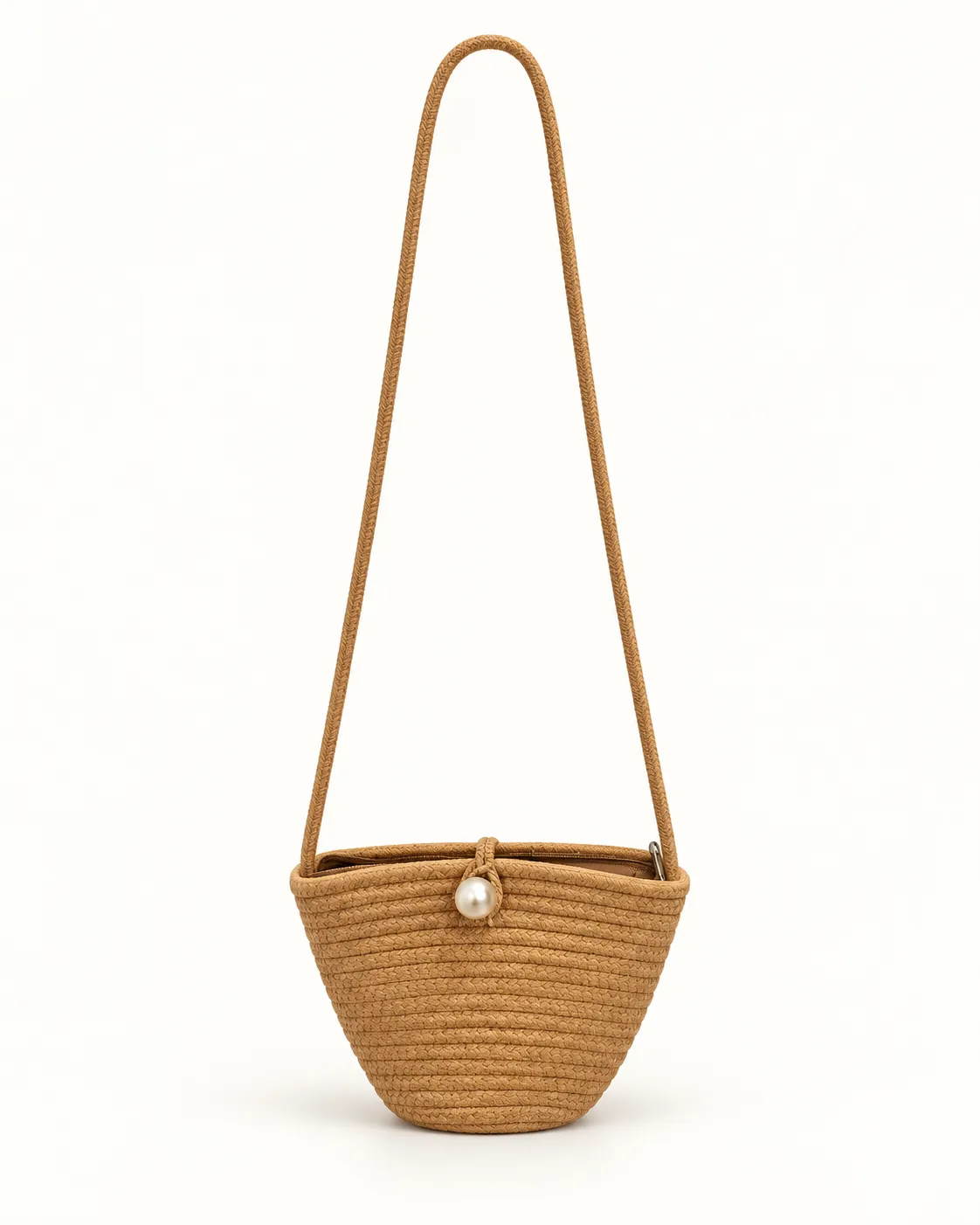 Sac bandoulière tressé camel avec perle