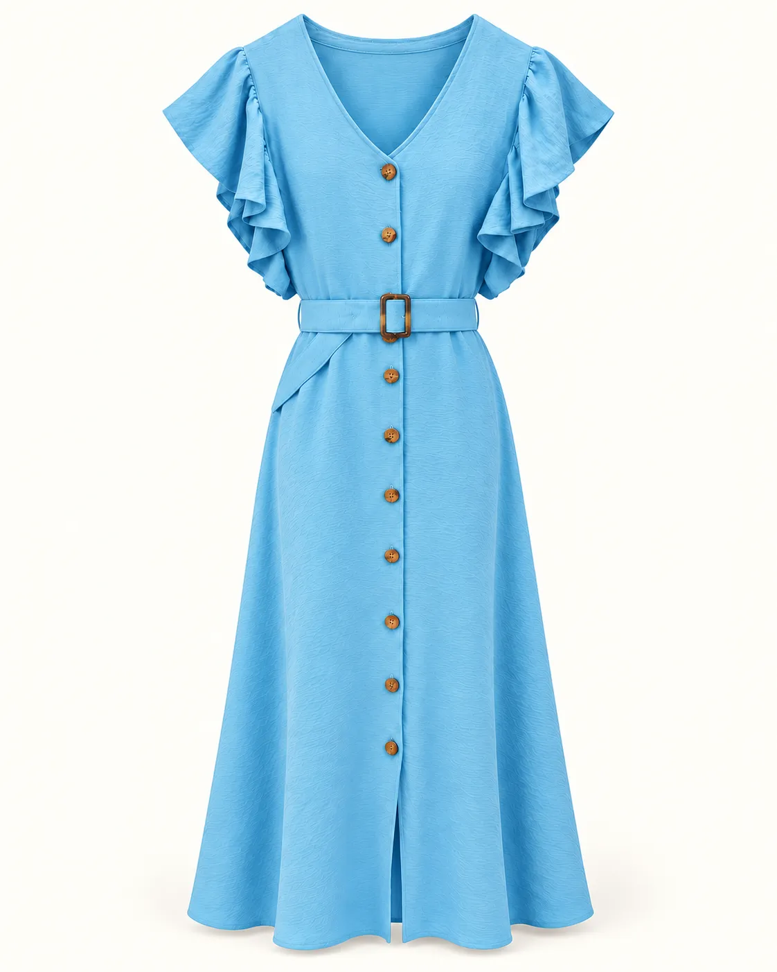 Robe longue bleu ciel à volants et ceinture