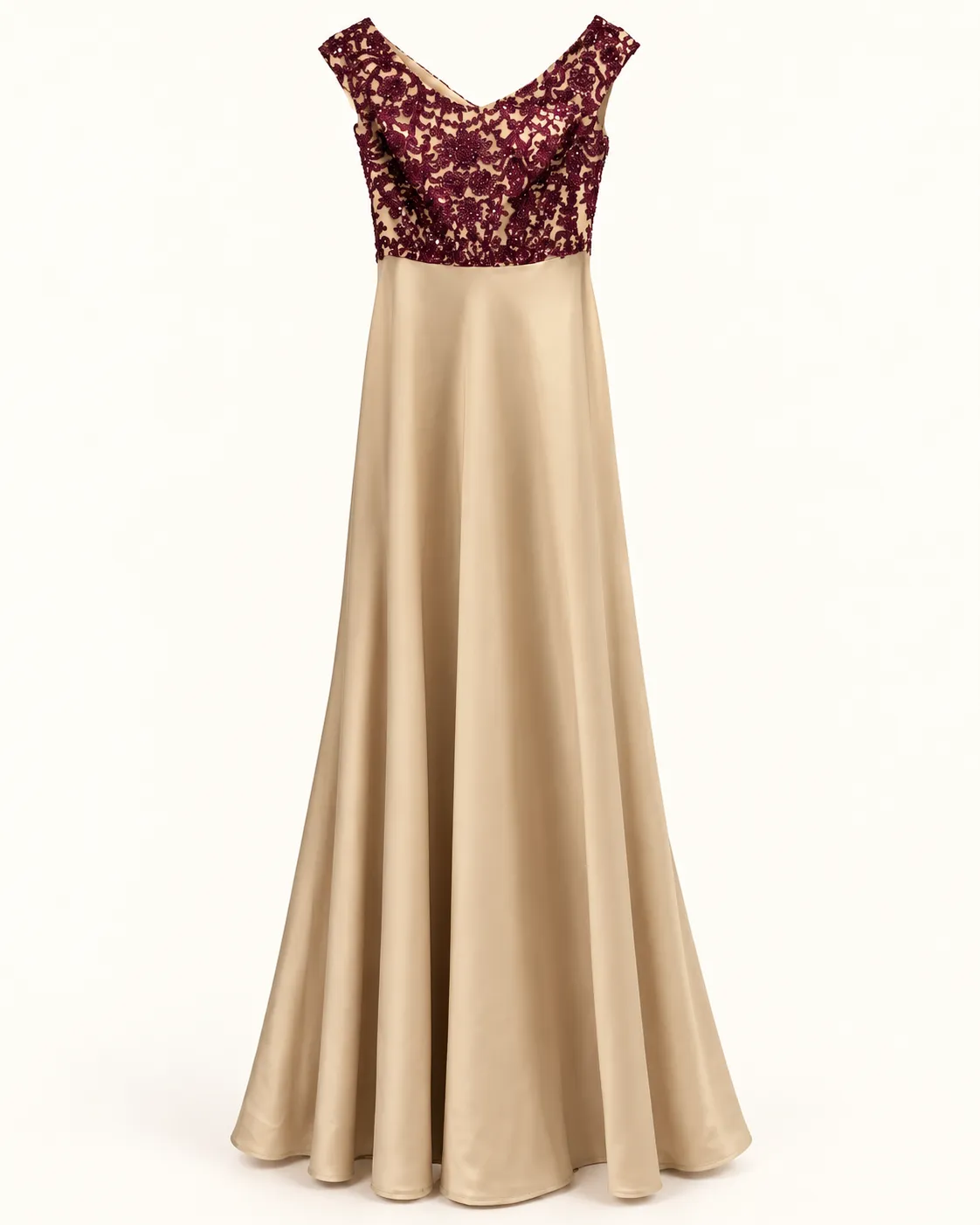 Robe longue de soirée champagne et bordeaux