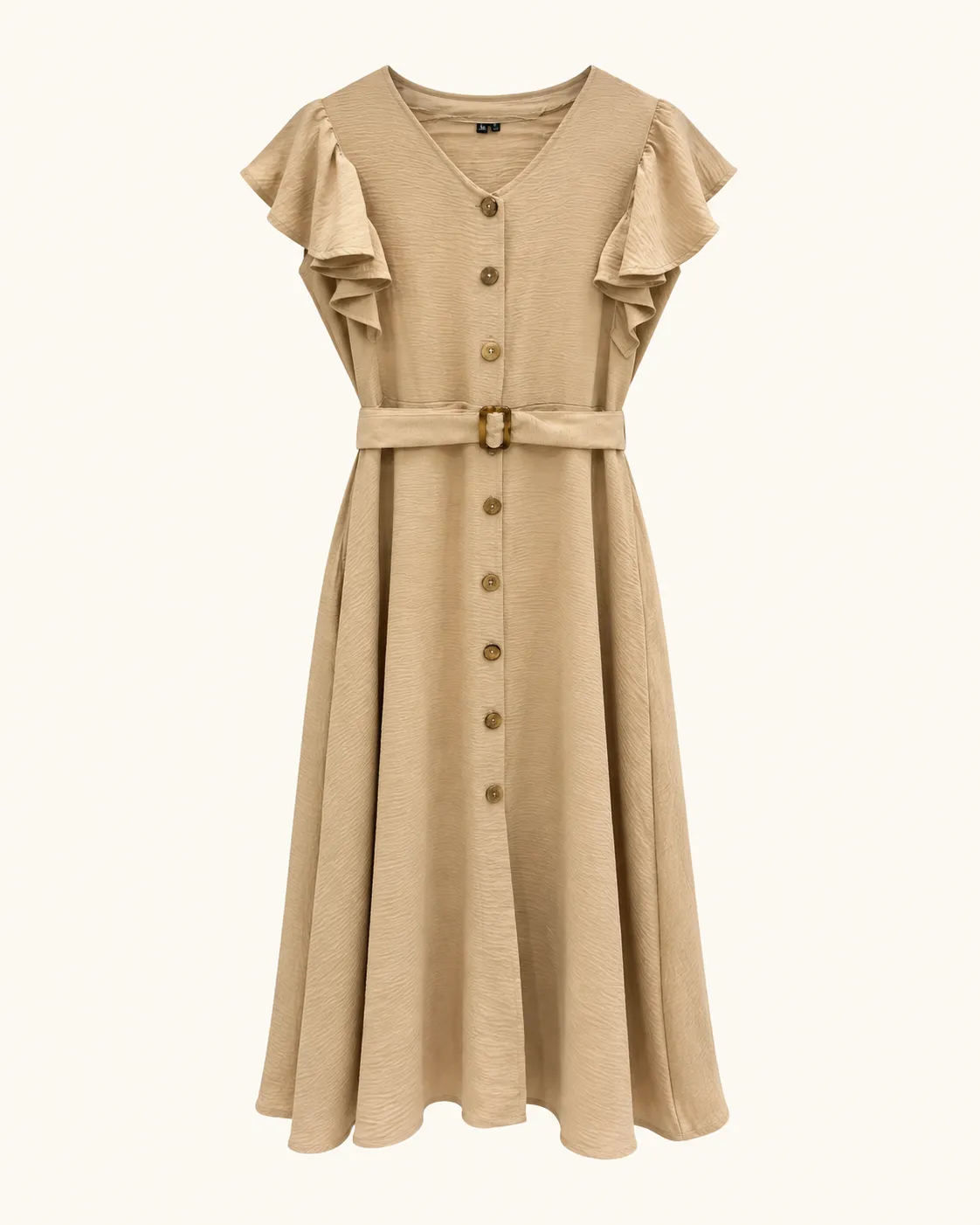 Robe longue beige ceinturée à volants