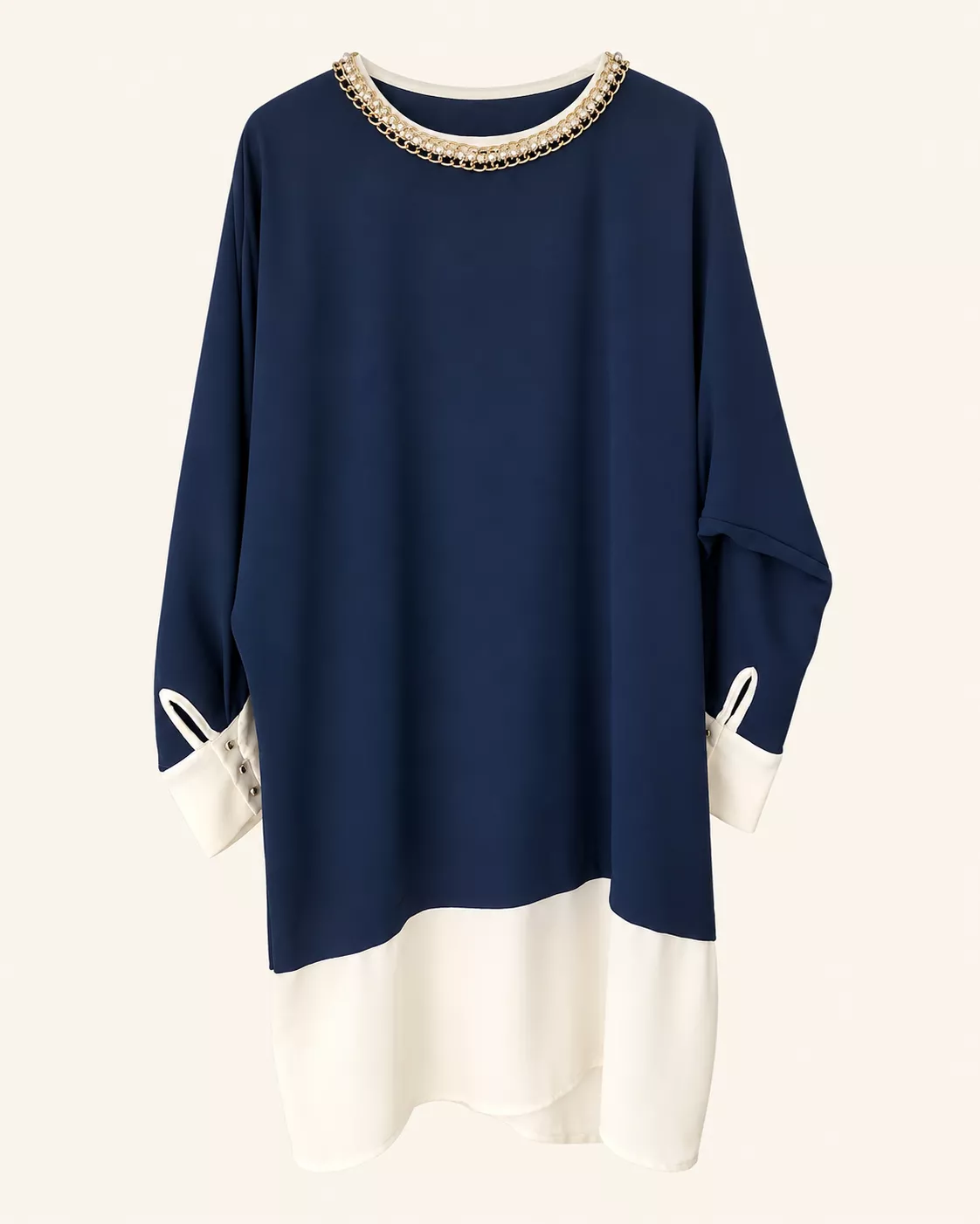Tunique bicolore bleu marine et blanc à col bijou