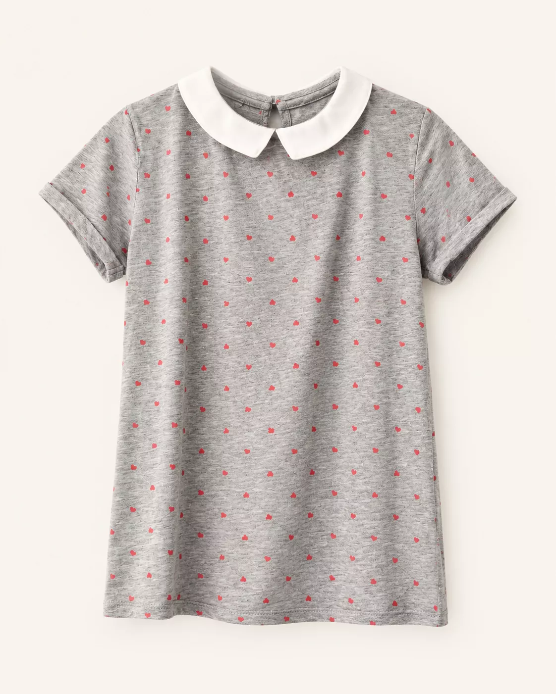 T-shirt gris à petits cœurs rouges et col blanc