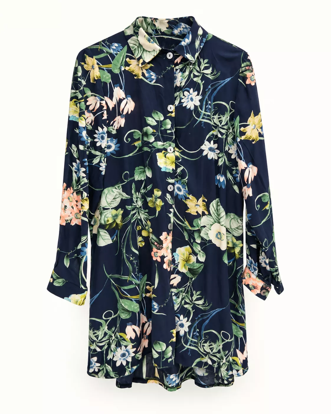 Tunique chemise bleu marine à motifs floraux