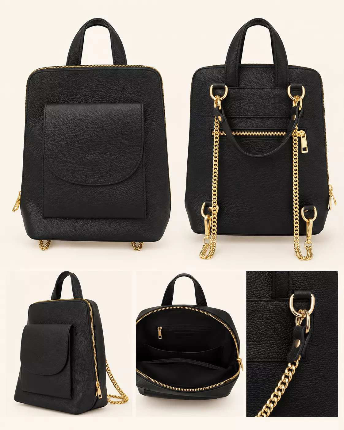 Sac à dos noir élégant à détails dorés