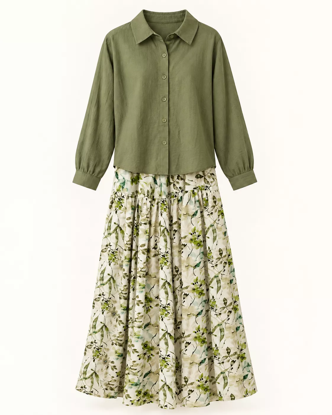 Ensemble chemise kaki & jupe longue fleurie