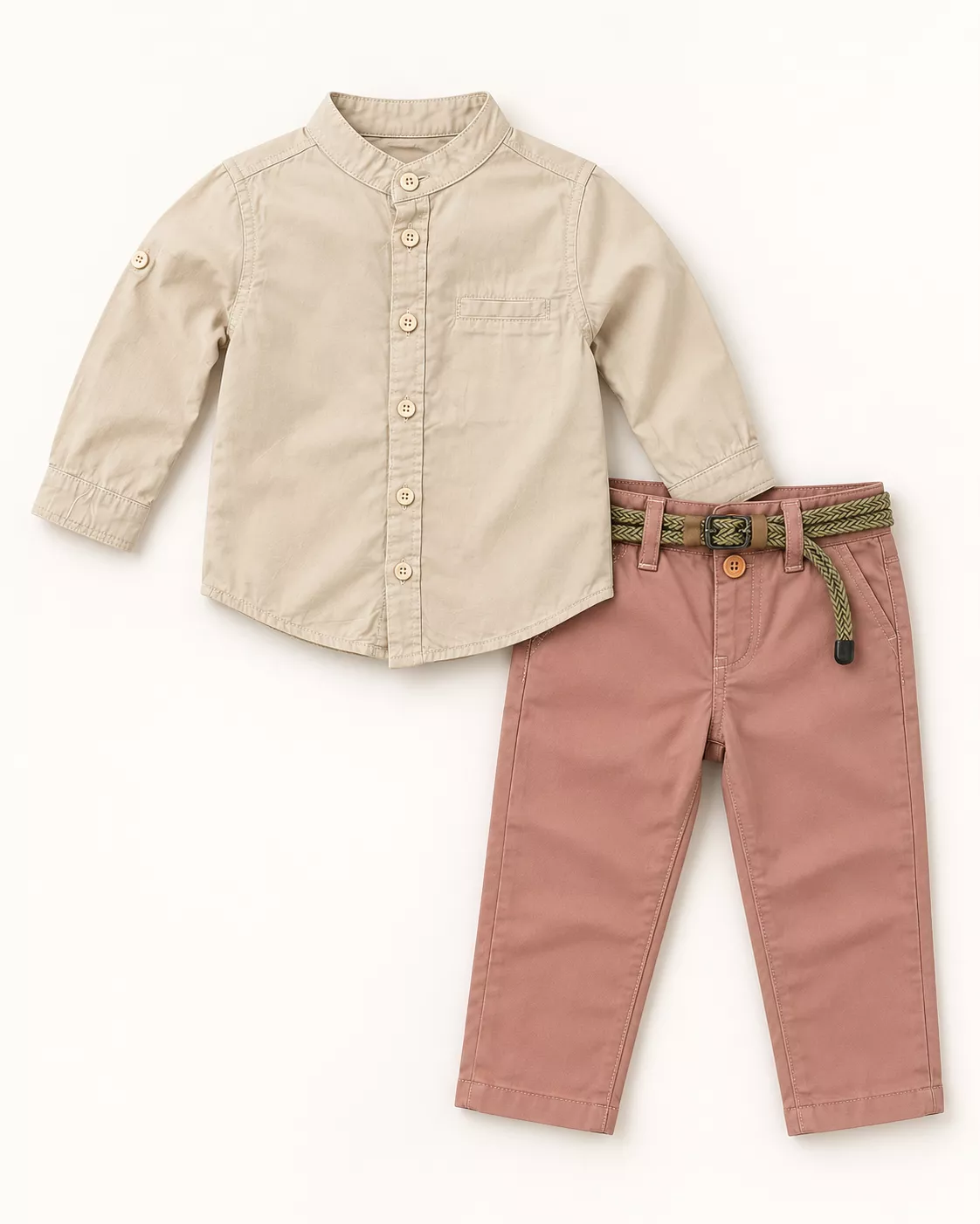 Ensemble garçon chemise beige & pantalon rose poudré avec ceinture