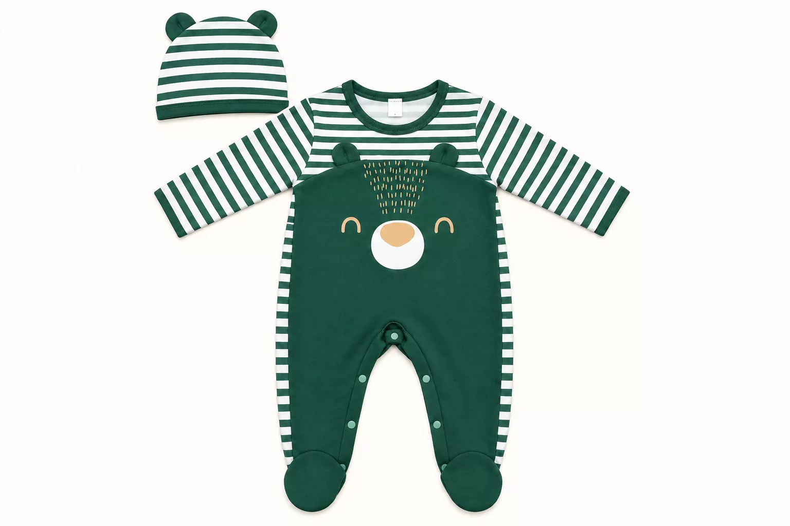 Ensemble bébé vert rayé avec bonnet – Motif ours