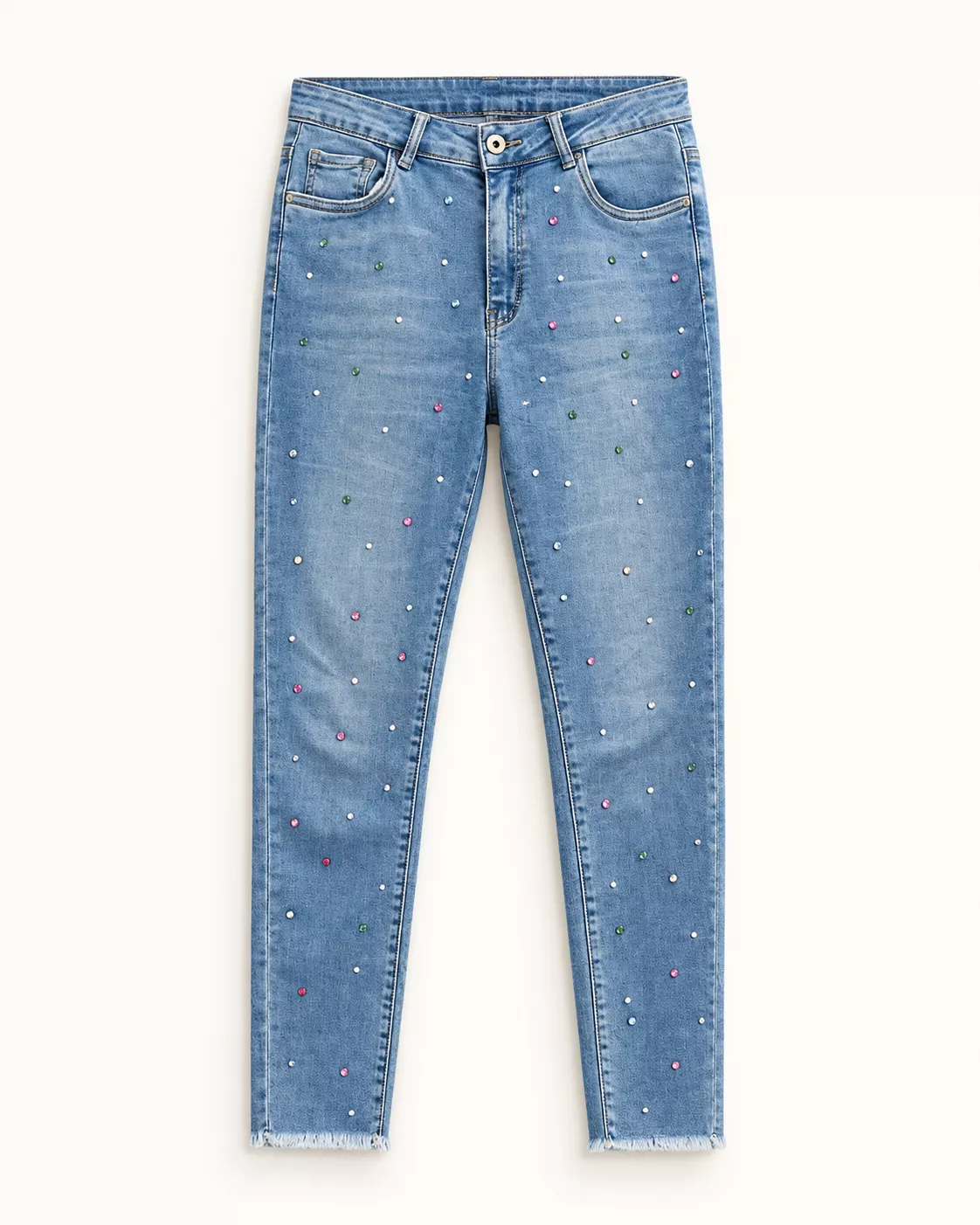 Jean slim bleu à strass multicolores