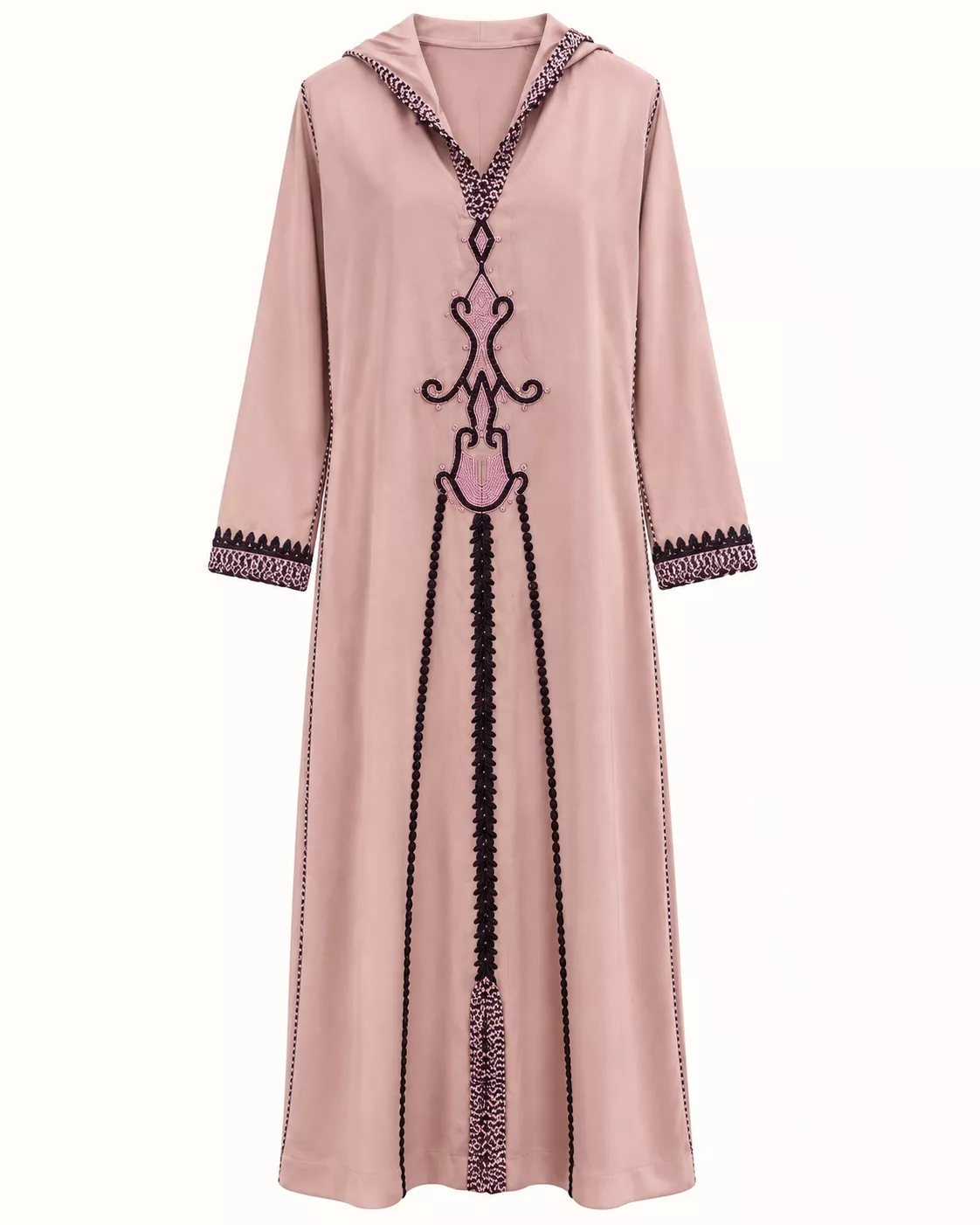 Caftan long rose poudré à capuche brodée