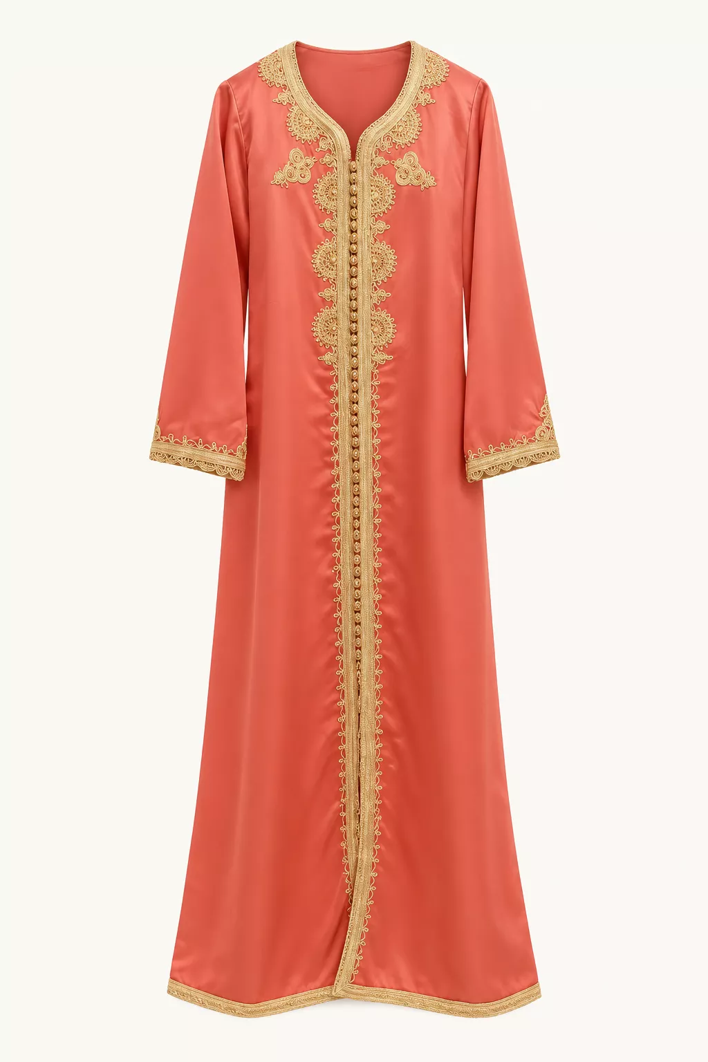 Caftan traditionnel corail brodé doré