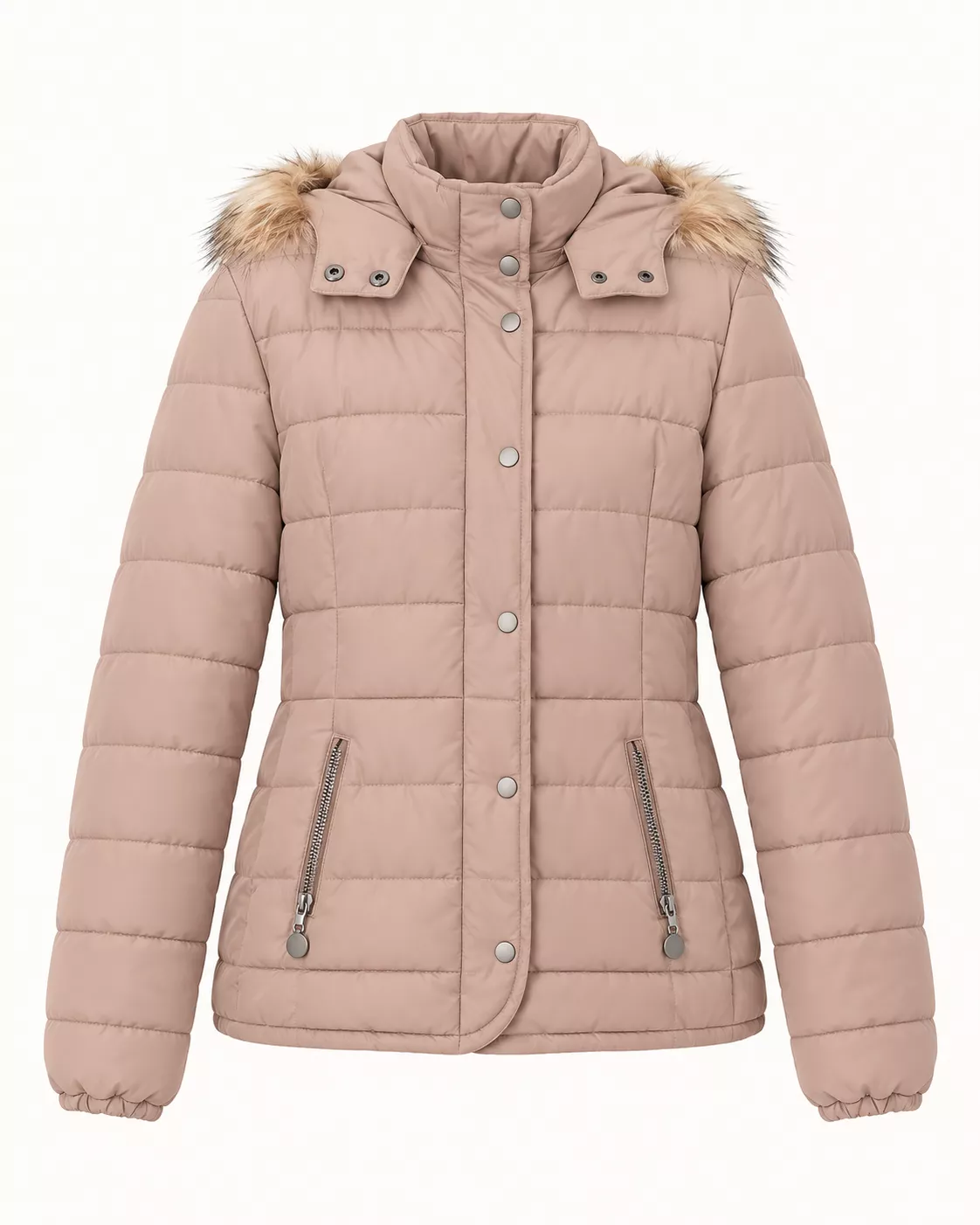 Doudoune matelassée rose poudré à capuche fourrée