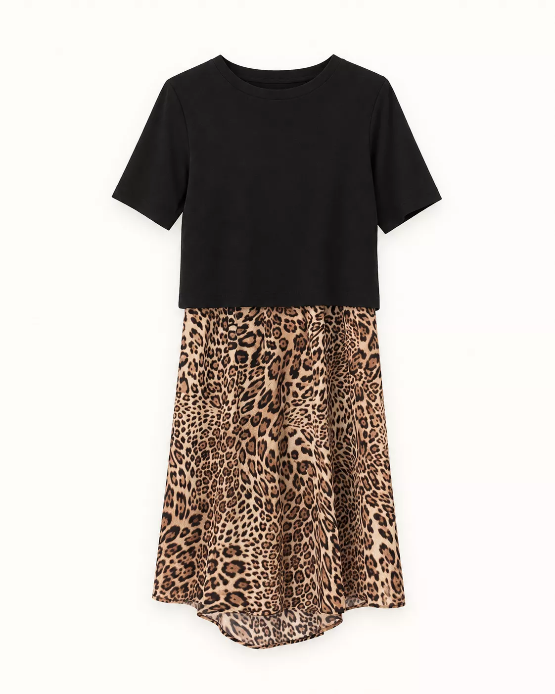 Robe bi-matière noire et imprimé léopard