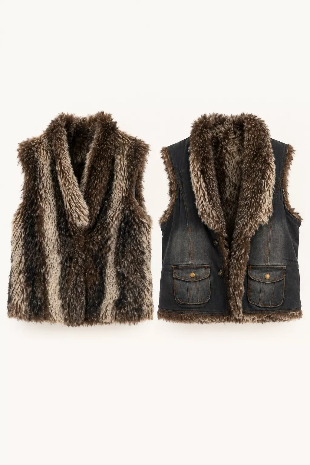 Gilet réversible double face en fausse fourrure et jean