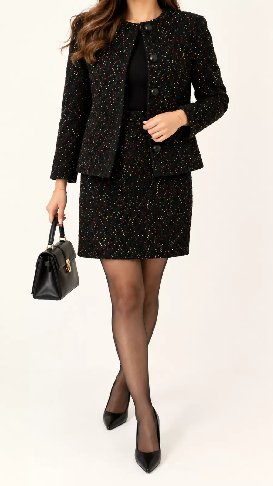 Ensemble Femme en Tweed Noir Moucheté – Veste & Jupe
