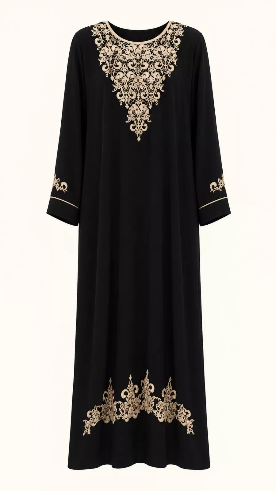 Robe longue noire brodée dorée – Femme