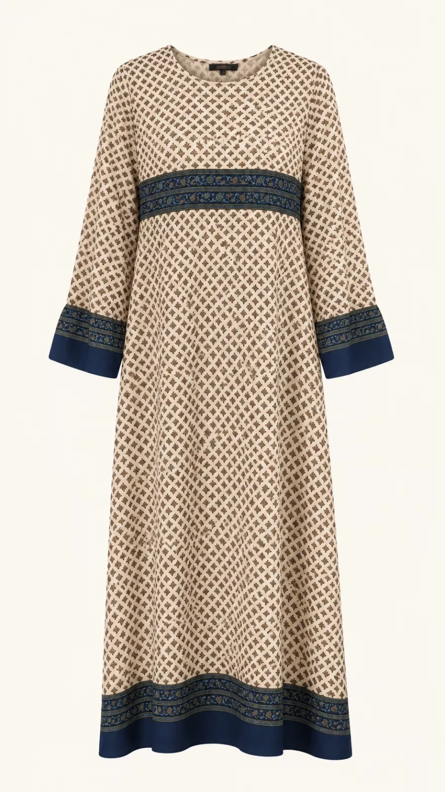 Robe longue imprimée beige et bleu marine – Femme