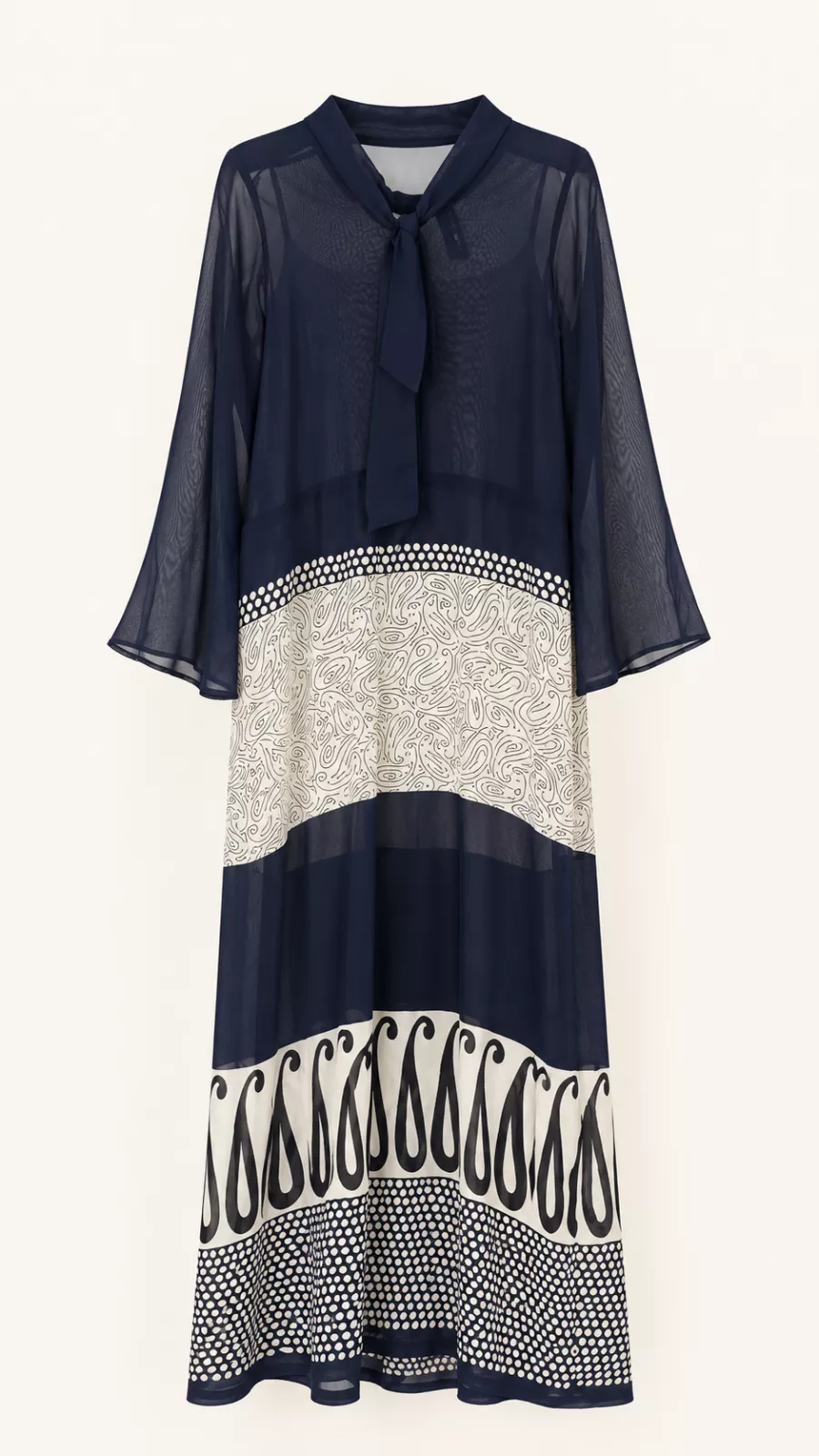 Robe longue imprimée bleu marine et écru