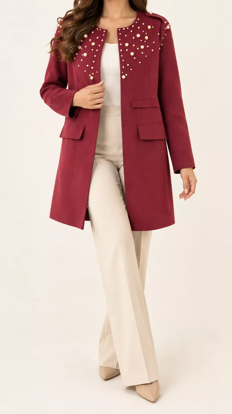 Veste longue bordeaux à perles