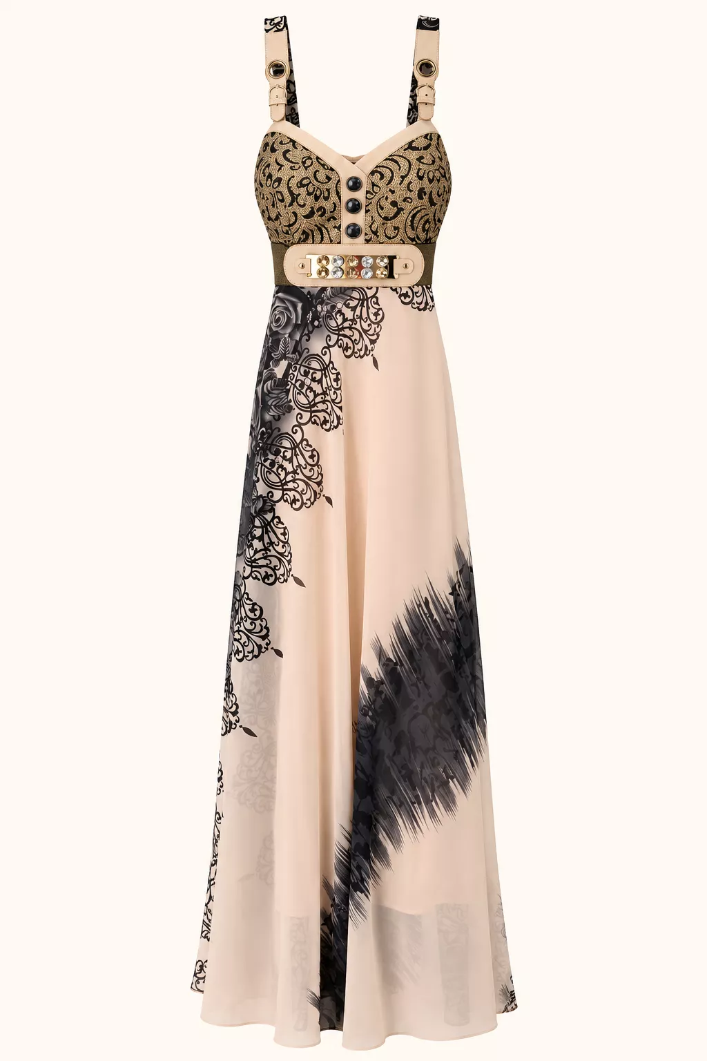 Robe longue imprimée beige et noir