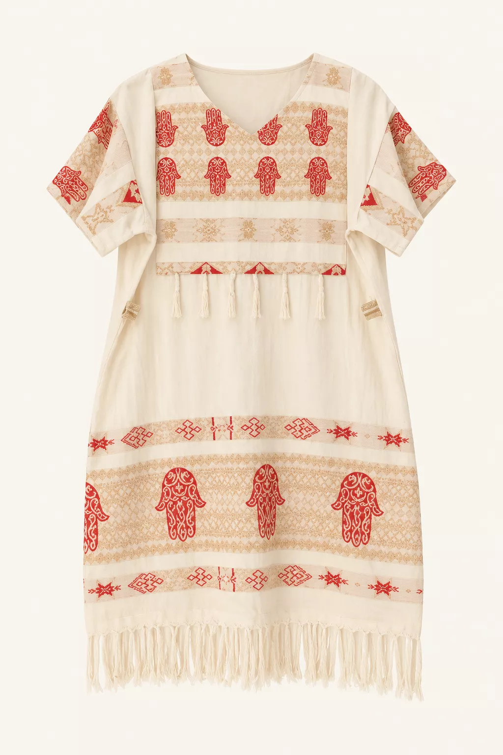 Robe tunique bohème écrue à motifs ethniques