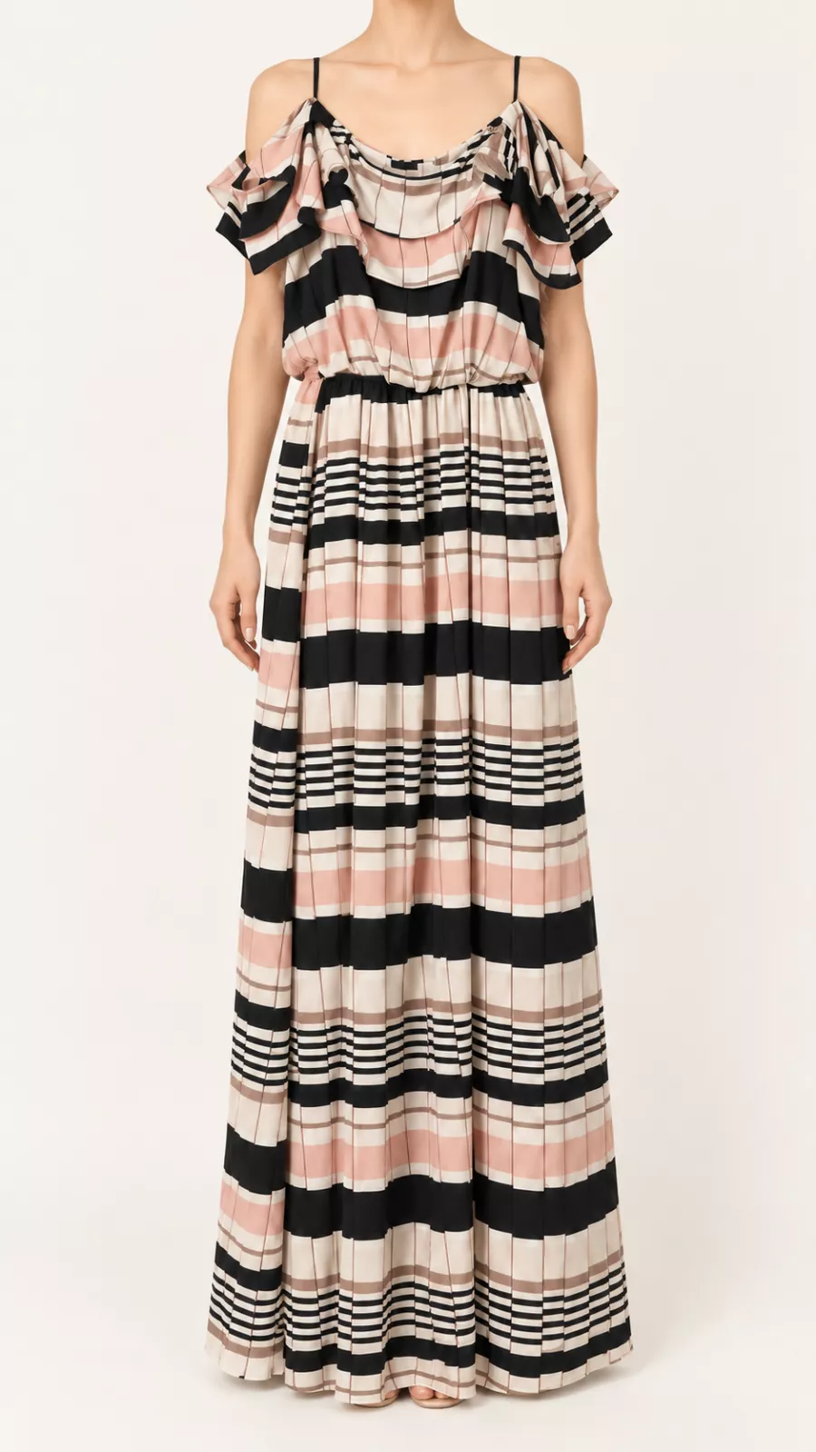 Robe longue à rayures avec volants