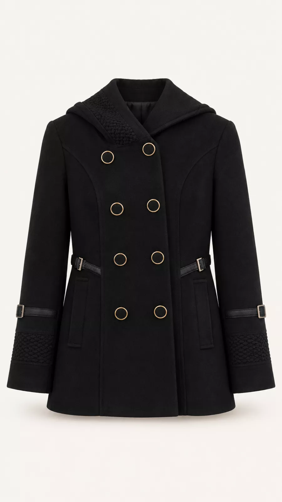 Manteau court noir à double boutonnage doré