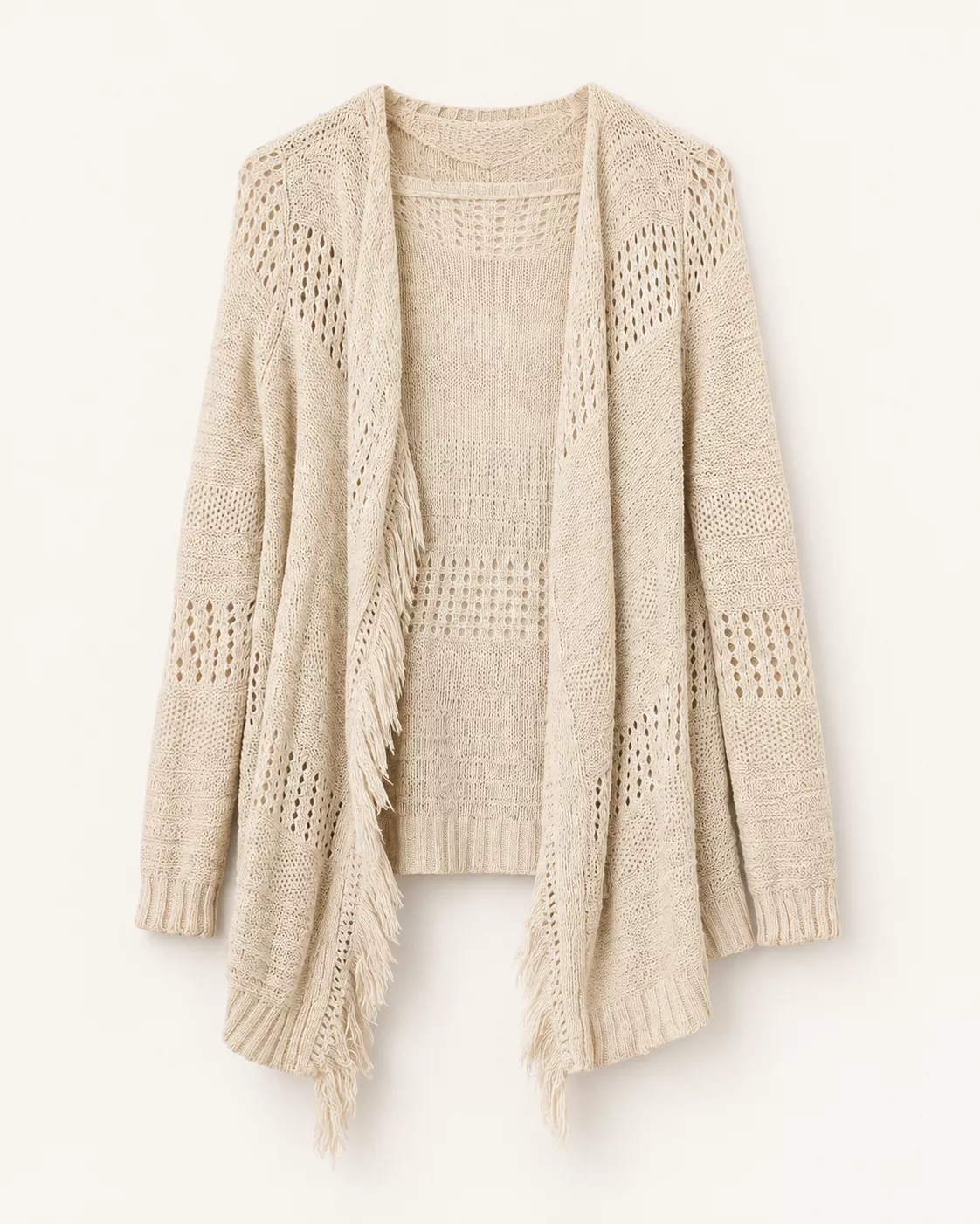Gilet long en maille ajourée écru à franges